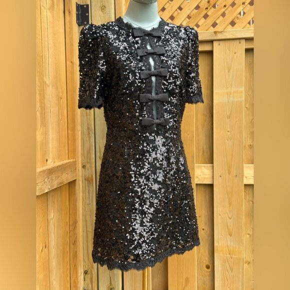 🆕 REBECCA VALLANCE 🧿 NWOT x Nicky Hilton Diana Black Bow Sequin Mini, Sz US 8 - Picture 3 of 16